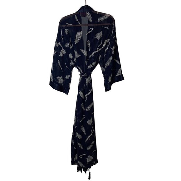 Judith Hart Intimates Robe Size Large Navy Matching Belt Fern Print Sheer - Picture 1 of 10